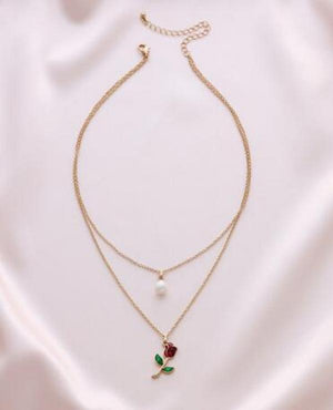 Double Layer Pearl Rose Pendant Necklace Clavicle Chain