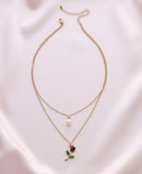 Double Layer Pearl Rose Pendant Necklace Clavicle Chain