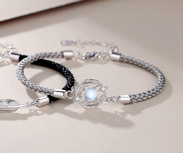 Moonstone Feather Pendant Bracelet Set