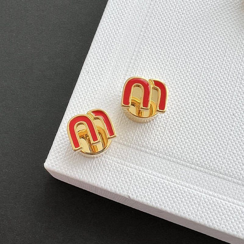 Red Letter M Stud Earrings for Women Copper Dripping Enamel Small Studs