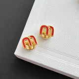 Red Letter M Stud Earrings for Women Copper Dripping Enamel Small Studs