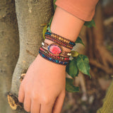 Leather Wrap Bracelet with Natural Stones Weaving Statement
