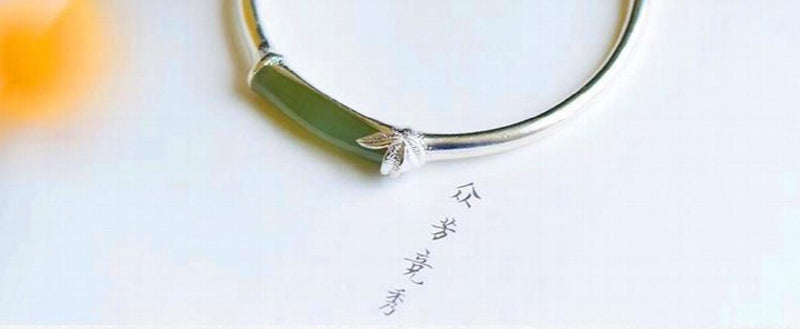 Green Jade Bamboo Bracelets Carved Bangles Chalcedony Bracelet 925 Silver