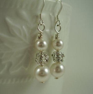 AA Wedding Pearl Earrings 6-10mm Shell Pearl Rhinestone S925 Dangle Earring