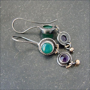 925 Silver Green Purple Amethyst Dangle Earrings