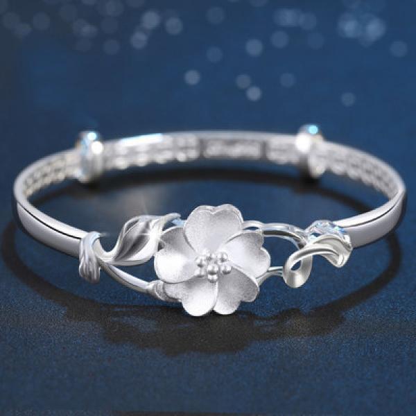European Flower Gift 925 Silver Cuff Bangle