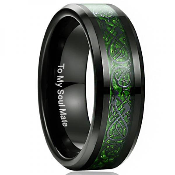 8mm Carbon Fiber Green Zircon Dragon Pattern Ring Tungsten Carbide Wedding Band