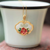 Hotian Jade Pendant Women's Silver Retro Chinese Enamel Necklace
