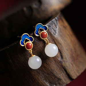 925 Silver Gold-plated Natural Hetian Jade Enamel Xiangyun Women Earrings