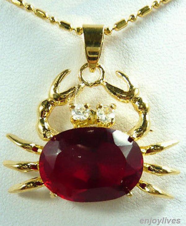 Red CZ Crab Pendant & Necklace, Yellow Plated