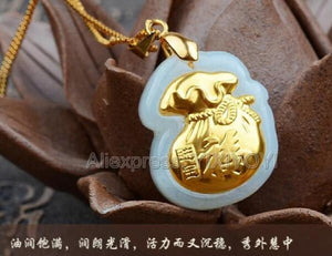Hetian Jade 18K Solid Fu Money Bag Pendant Necklace
