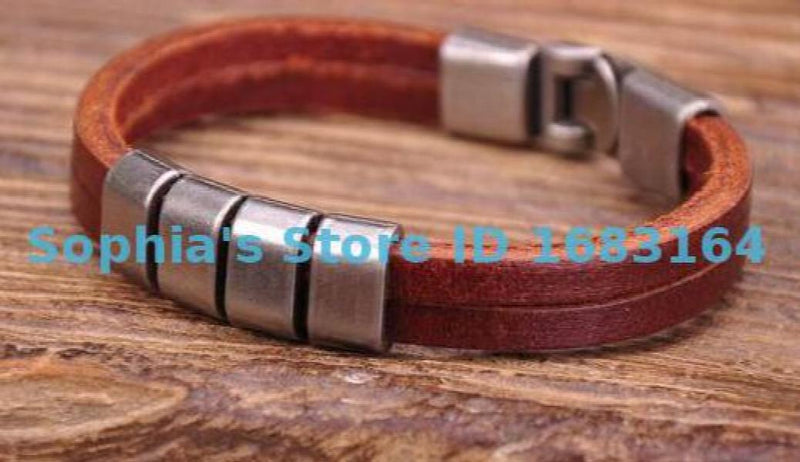 Brown Metal Clasp Leather Mens Wristband Bracelet Cuff