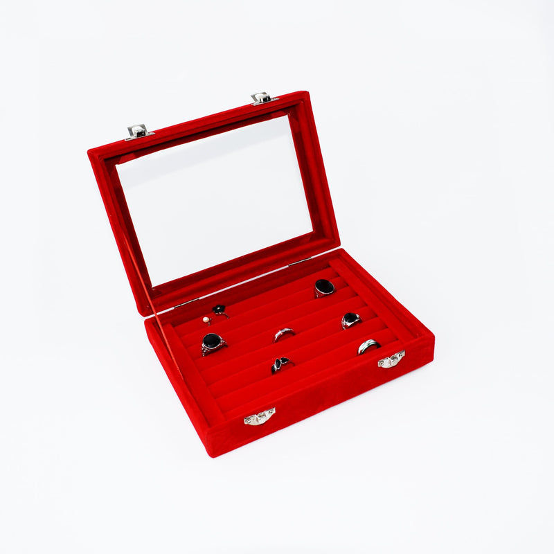 Red Velvet Ring Display Box Earring Organizer Jewelry Tray