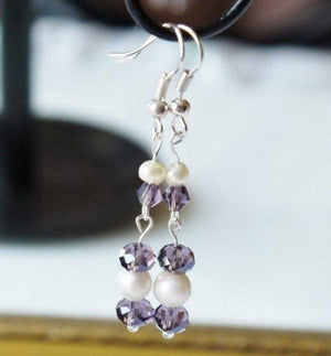 Lavender Crystal Bead Freshwater Pearl Silver Dangle Earrings