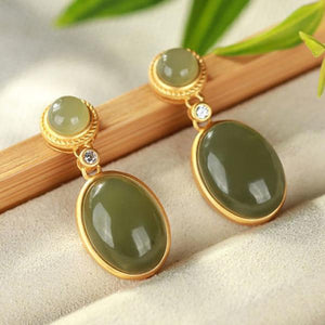 Silver Inlaid Hetian Chalcedony Earrings Chinese Retro Charm Women's Jewelry