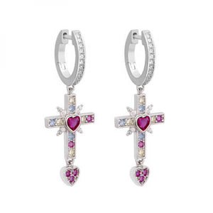 925 Sterling Silver Cross Dangle Earrings Crystal Heart Arete Jewelry Gift
