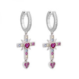 925 Sterling Silver Cross Dangle Earrings Crystal Heart Arete Jewelry Gift