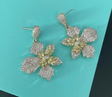 14K Real Leaf Flower Emerald Crystal Earrings