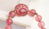 Pink Strawber Crystal Stone Beaded Bracelet with Cat Paw Charm