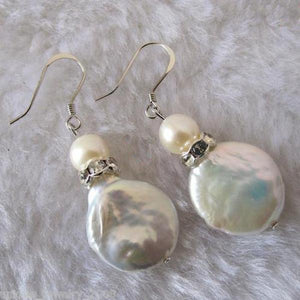 Freshwater Pearl Round Coin Silver Dangle Earrings