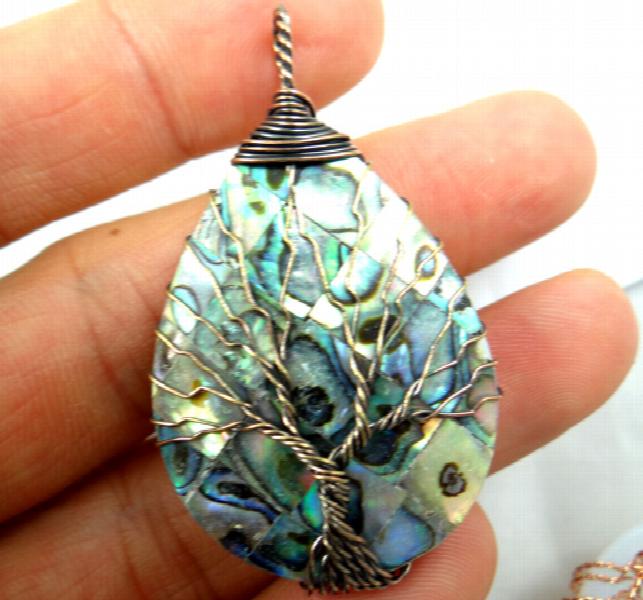 Purple Quartz Abalone Shell Pendant Tree of Life Necklace