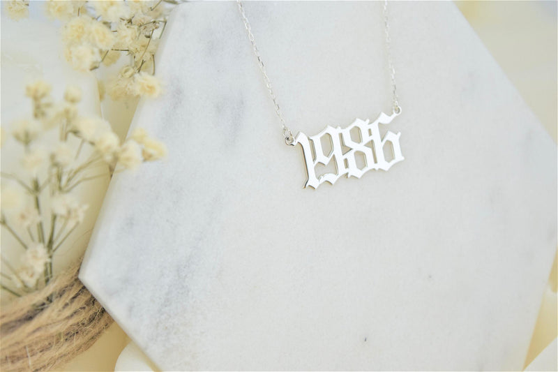 Old English Number Necklace Personalized Year Gothic Stainless