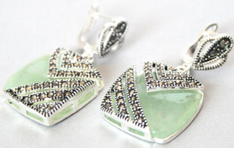 925 Silver Hook Green Natural Jade Marcasite Square Earrings