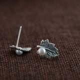 Sterling Silver S925 Pearl Earrings Natural Freshwater Craft Leaves
