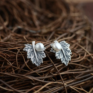 Sterling Silver S925 Pearl Earrings Natural Freshwater Craft Leaves