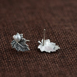 Sterling Silver S925 Pearl Earrings Natural Freshwater Craft Leaves
