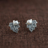 Sterling Silver S925 Pearl Earrings Natural Freshwater Craft Leaves