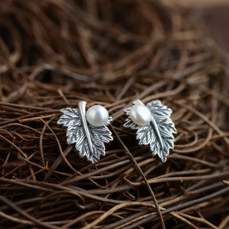 Sterling Silver S925 Pearl Earrings Natural Freshwater Craft Leaves