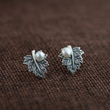 Sterling Silver S925 Pearl Earrings Natural Freshwater Craft Leaves