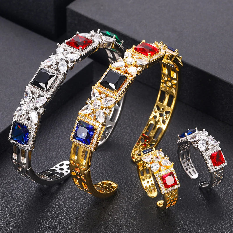 Cubic Zircon Bangle Cuff & Ring Set, Saudi Arabia Wedding Jewelry