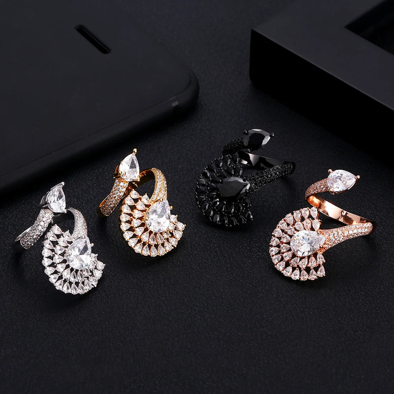 Silver Peacock Open Tail Rings Crystal Zircon Finger Rings Women Wedding Jewelry