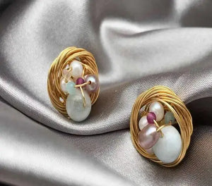 Handwoven 14k Natural Pearl Amethyst Jade Earrings