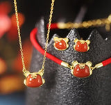 Red Agate Tiger Zodiac Pendant S925 Sterling Silver Plated Jewelry Set