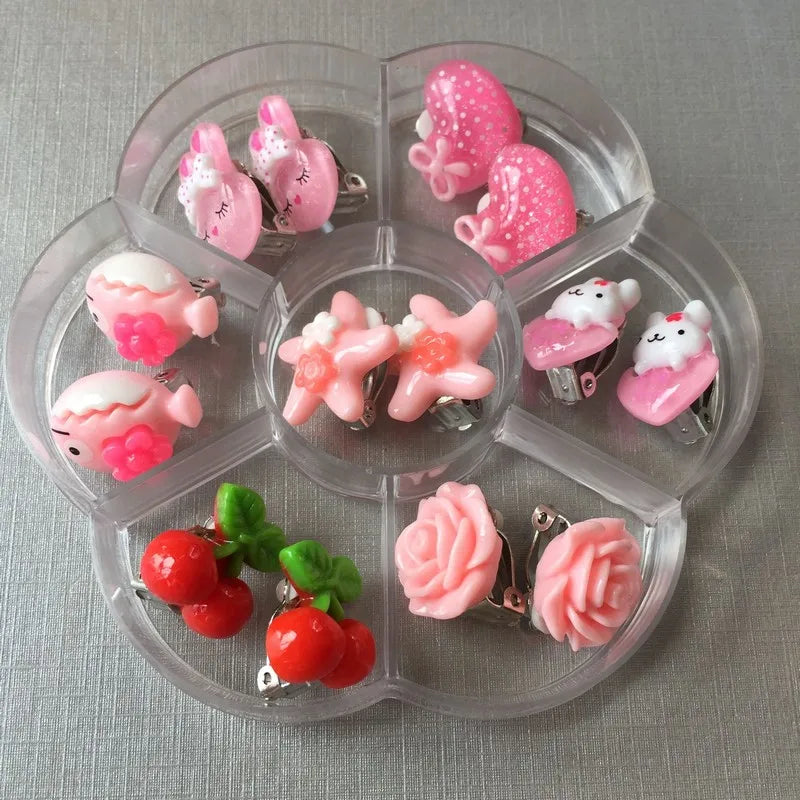 Kids Clip On Earrings Animal Flower Girls Jewelry Painless 7 Pairs/Set