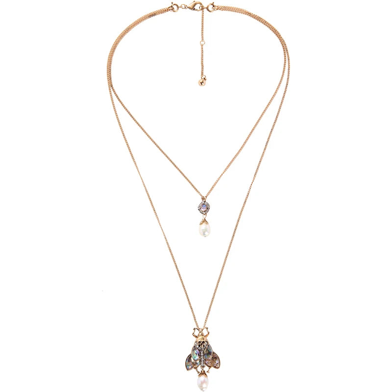 Natural Stone Freshwater Pearl Insect Pendant Necklace Jewelry