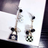 Asymmetric Flower Earrings with Tassel and Pearl Grape Rhinestone Wedding
