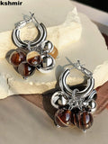 Europe & US Natural Round Bead Stone Earrings for Women Studs Sense Earrings