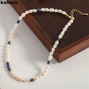 Lapis Lazuris Pearl Necklace French Beaded Clavicle Chain