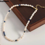 Lapis Lazuris Pearl Necklace French Beaded Clavicle Chain