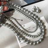 Gray Glass Pearl Sweater Chain Necklace Beaded Collarbone