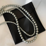 Gray Glass Pearl Sweater Chain Necklace Beaded Collarbone