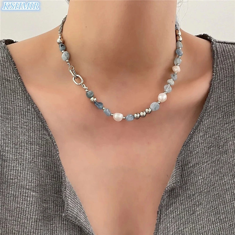 Stone Crystal Necklace with Freshwater Pearl for Women