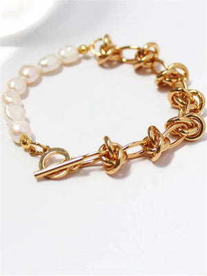 Thick Chain Pearl Patchwork Brass Bracelet for Women