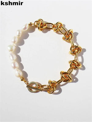 Thick Chain Pearl Patchwork Brass Bracelet for Women