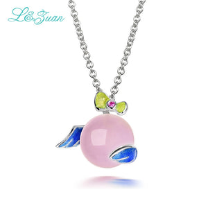 925 Silver Angel Wings Necklace Pink Rose Quartz Enamel Jewelry