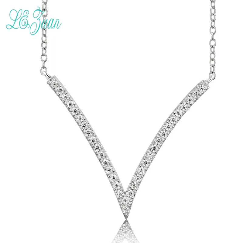 S925 Sterling Silver V Shape Necklace Pendant Cubic Zirconia Wedding Jewelry